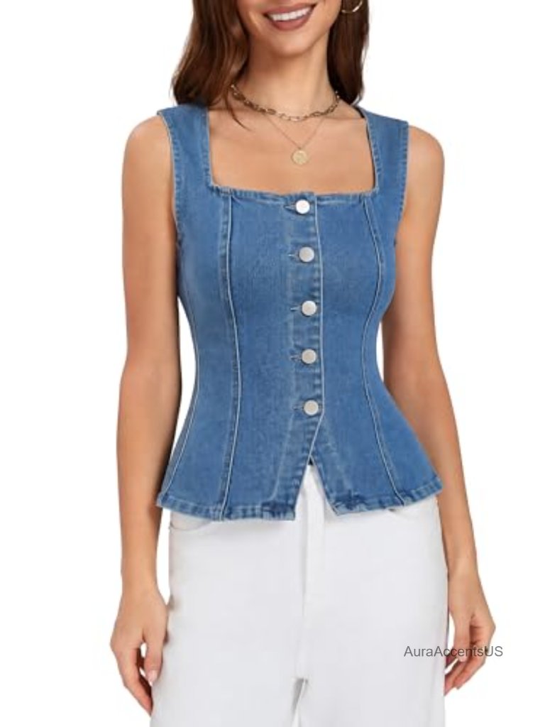 Stretch Denim Square Neck Sleeveless Button Down Vest Top